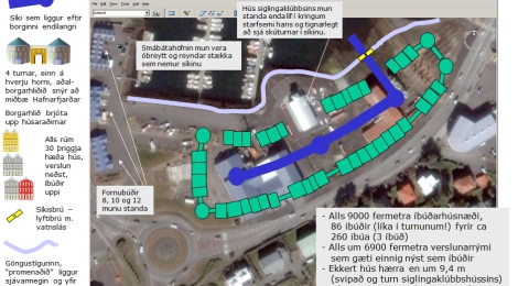 Dröfn Hansaborg eins og hún liti út á korti, sett yfir kort af Drafnarsvæðinu