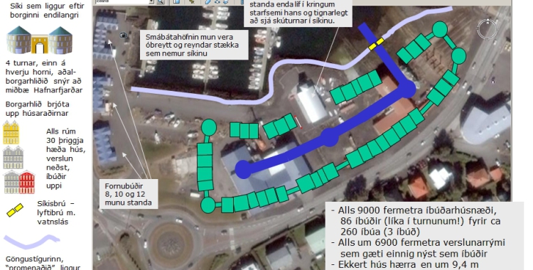 Dröfn Hansaborg eins og hún liti út á korti, sett yfir kort af Drafnarsvæðinu